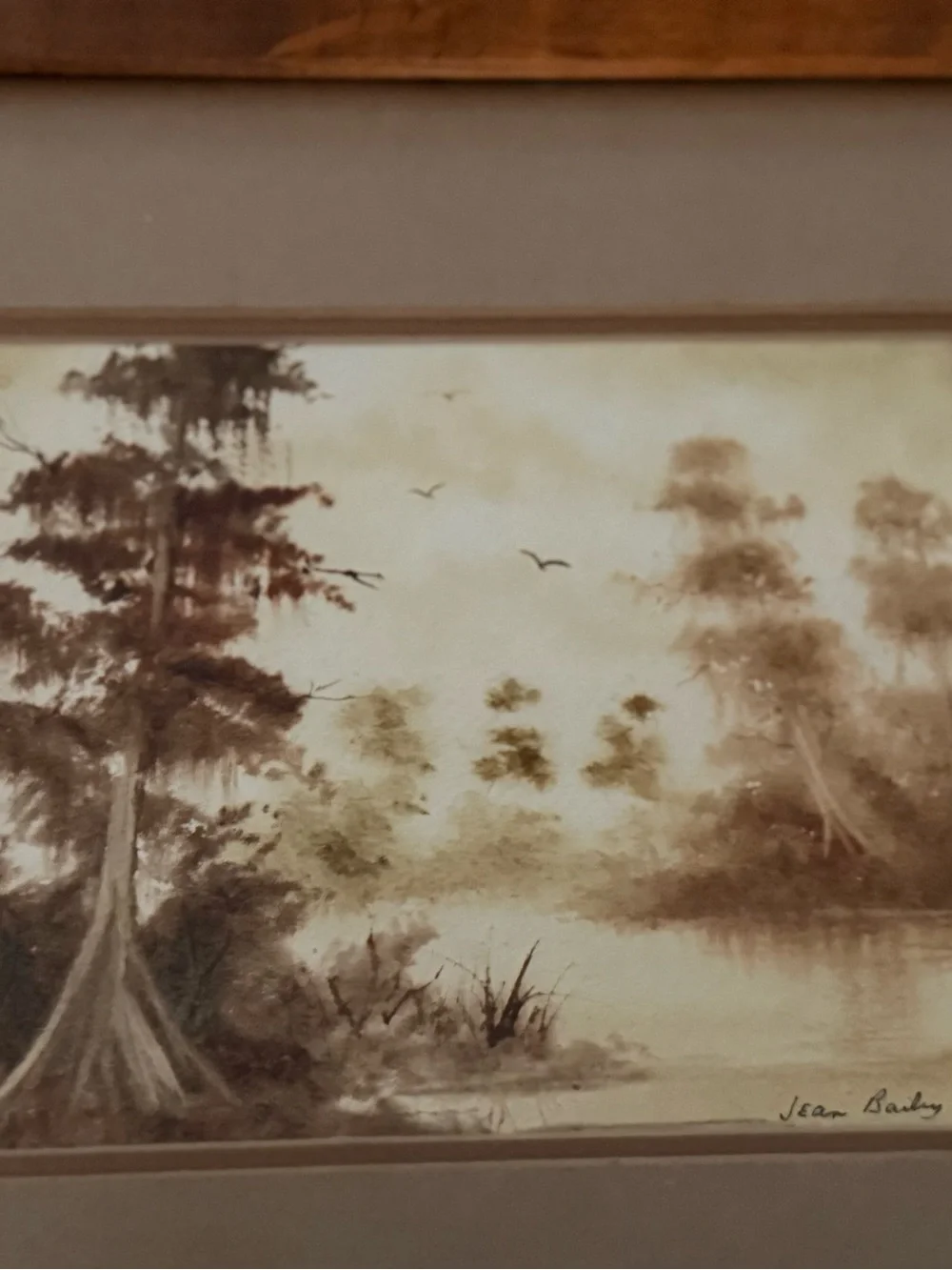 Framed Vintage Moody Landscape Sepia Watercolor in Brown and Gold Signed